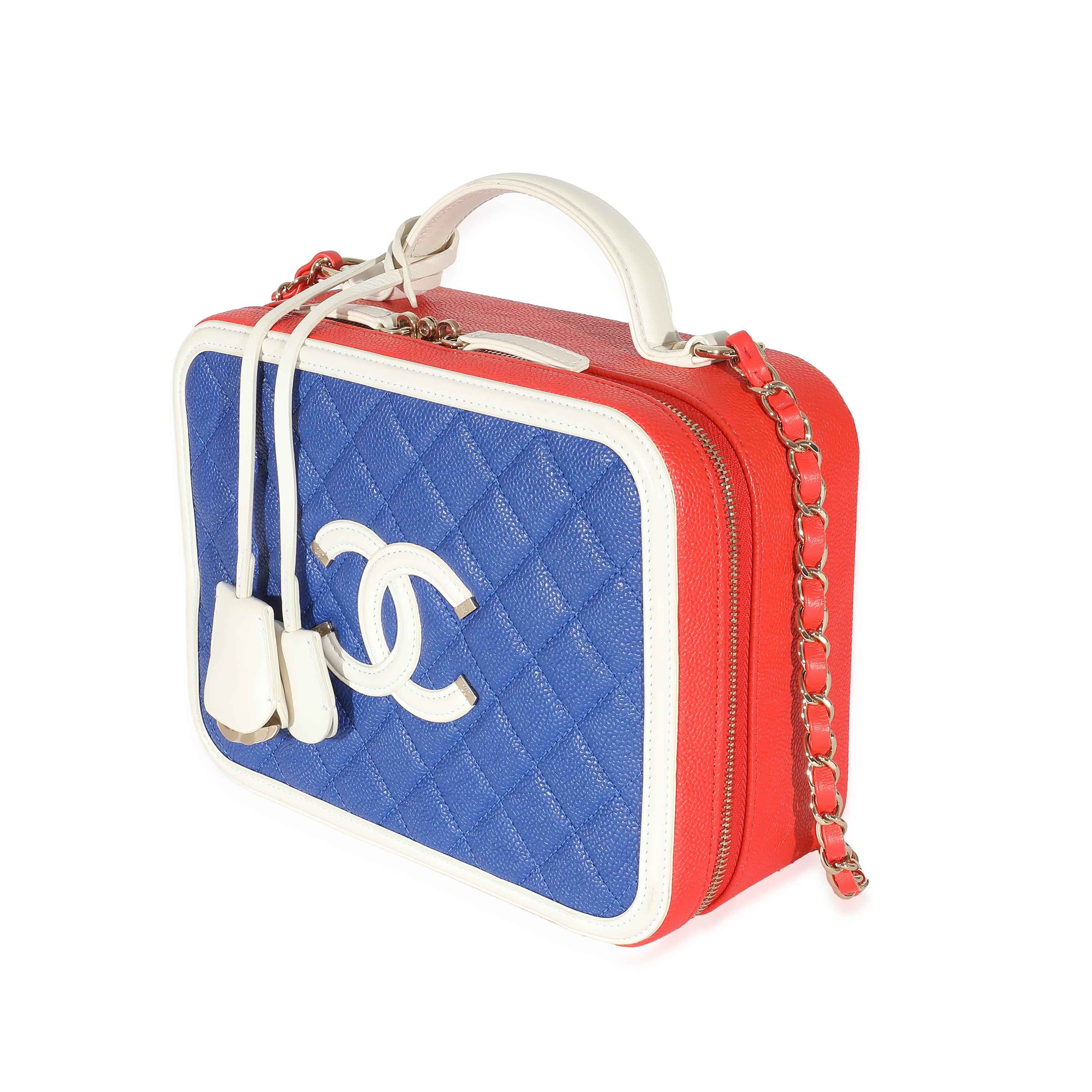 Women's or Men's Chanel Red White Blue Quilted Caviar Large Filigree Vanity Case