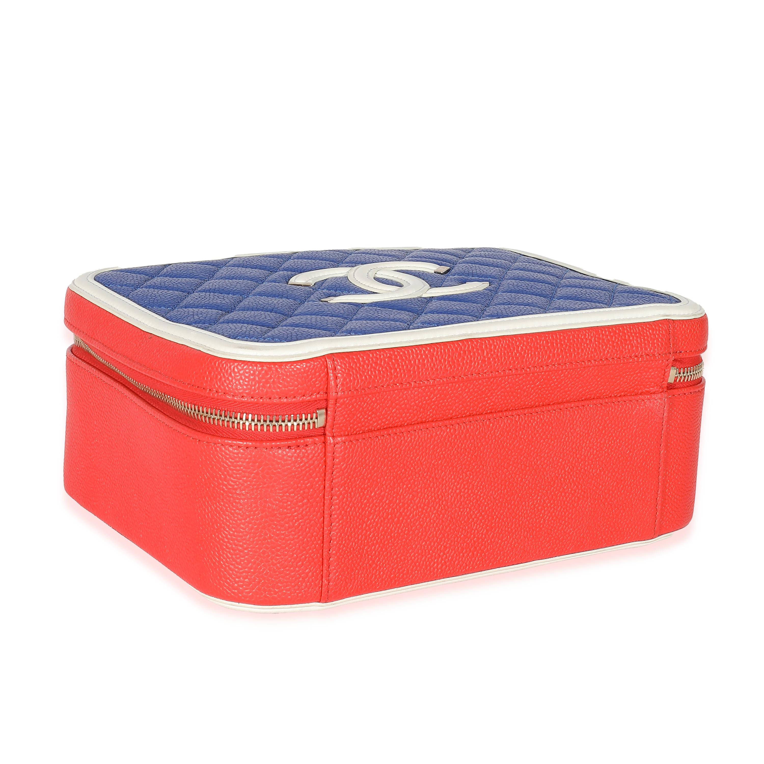 Chanel Red White Blue Quilted Caviar Large Filigree Vanity Case 2