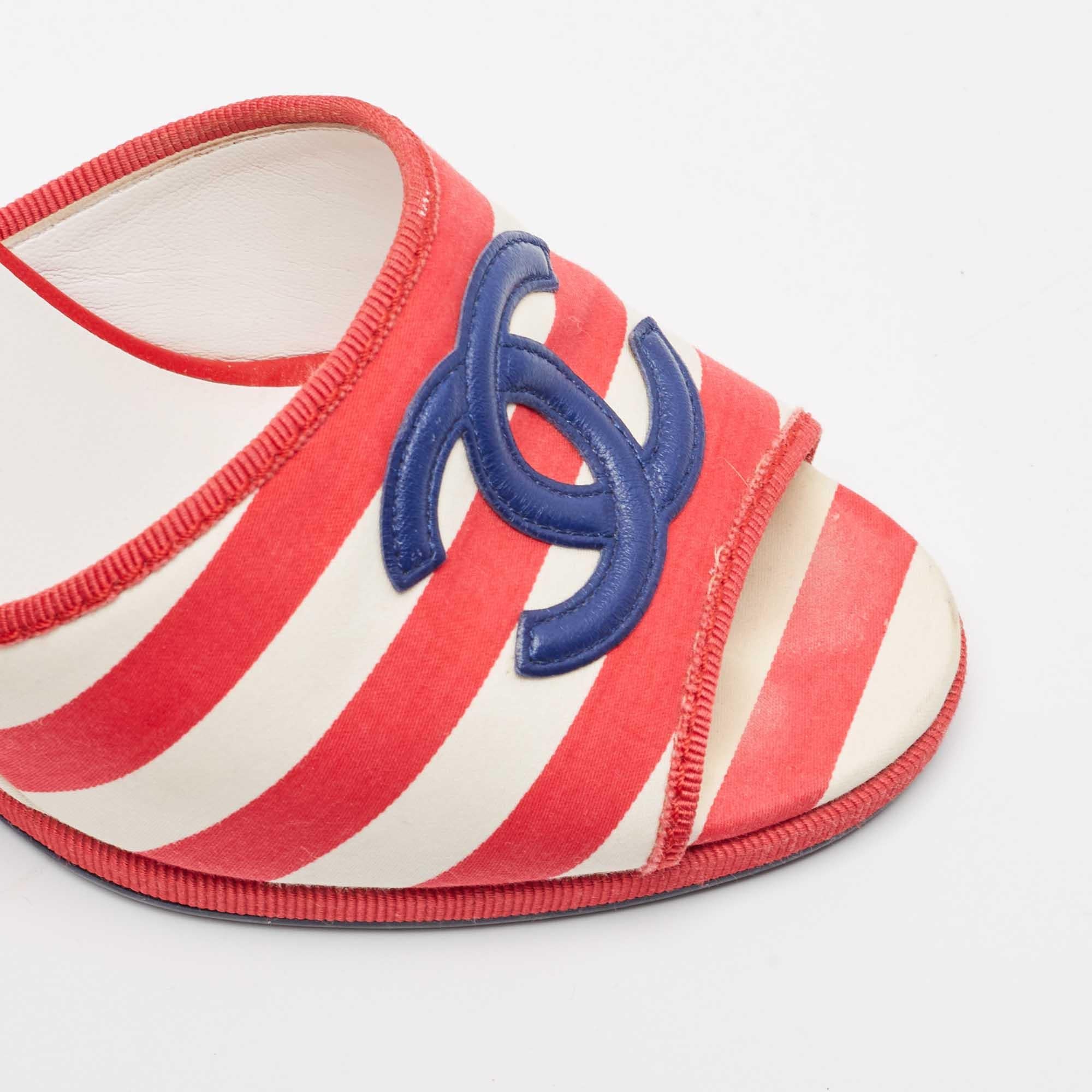 Women's Chanel Red/White Canvas CC Stripe Wedge Sandals Size 37