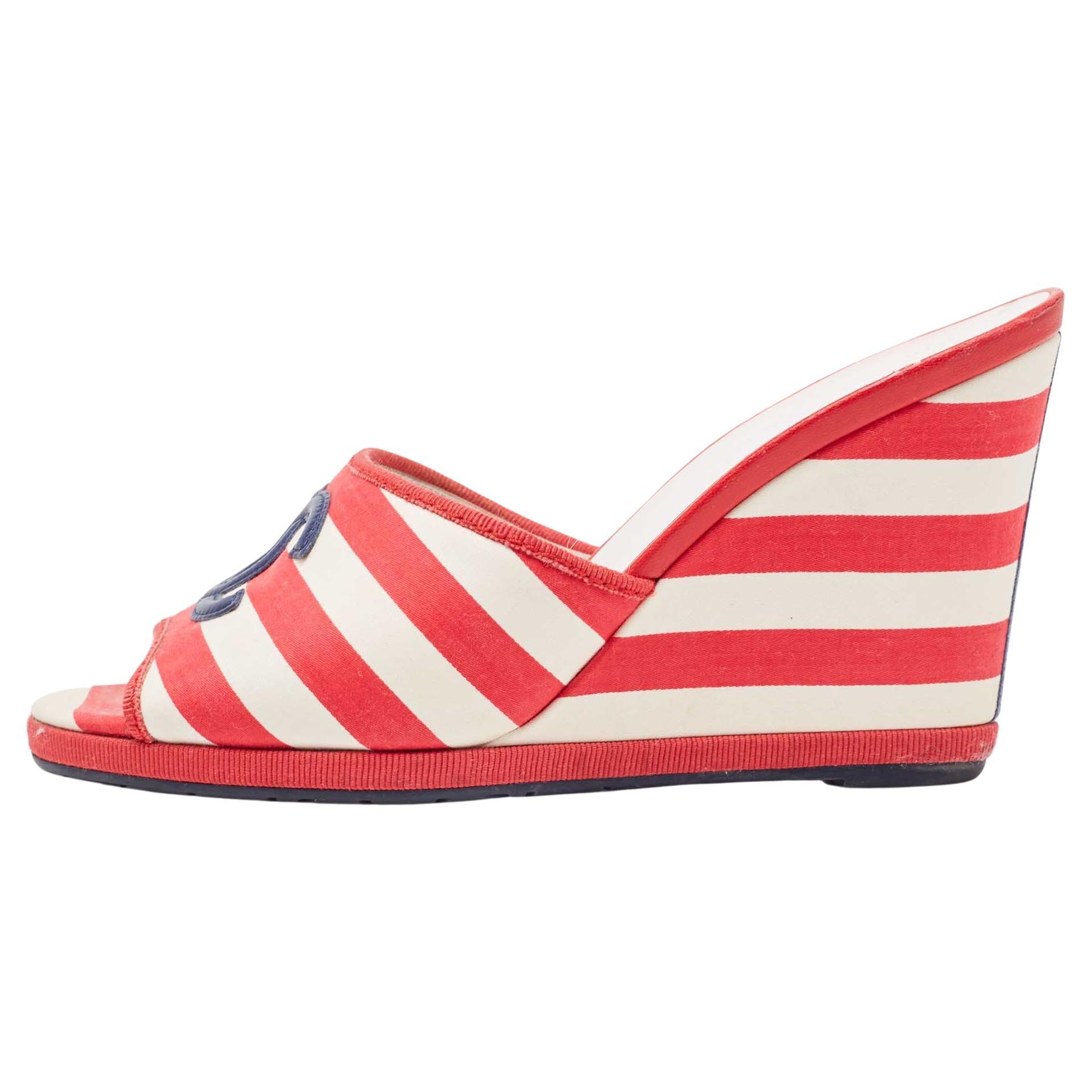 Chanel Red/White Canvas CC Stripe Wedge Sandals Size 37