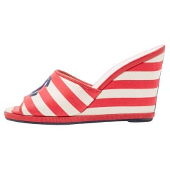 Chanel Red/White Canvas CC Stripe Wedge Sandals Size 37