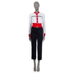 CHANEL red white cotton 2019 ICONIC LOGO CROPPED Cardigan Sweater 36 XS