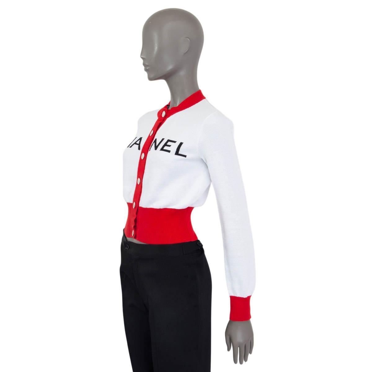 CHANEL Rot-weißer Baumwollpullover 2019 ICONIC LOGO CROPPED Strickjacke Pullover 36 XS Damen im Angebot