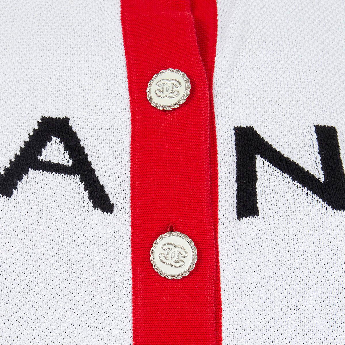 CHANEL rojo blanco algodón 2019 ICONIC LOGO CROPPED Cardigan Sweater 36 XS en venta 2