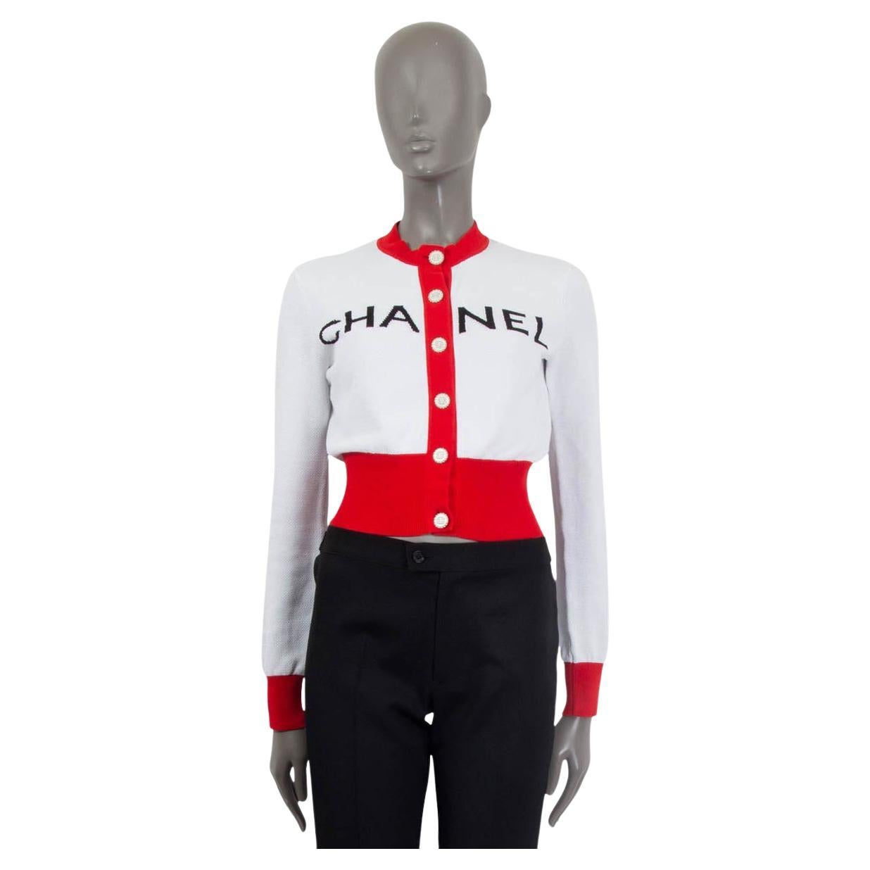 CHANEL red white cotton 2019 ICONIC LOGO CROPPED Cardigan Sweater 36 XS For Sale