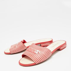 Chanel Red/White Leather CC logo Flat Sandals Size 38.5