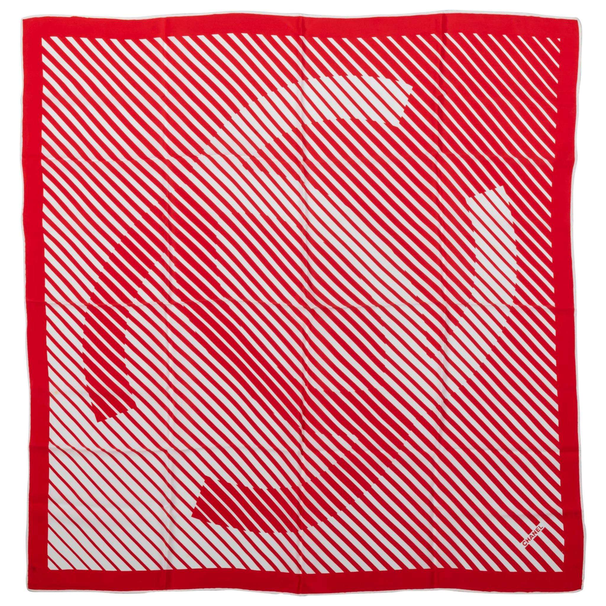 Chanel Red & White Logo Silk Scarf For Sale