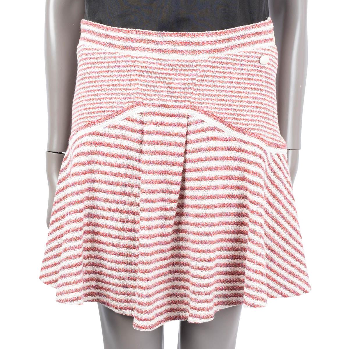 Beige CHANEL red white paper & cotton 2015 15P STRIPED KNIT Skirt 38 S For Sale