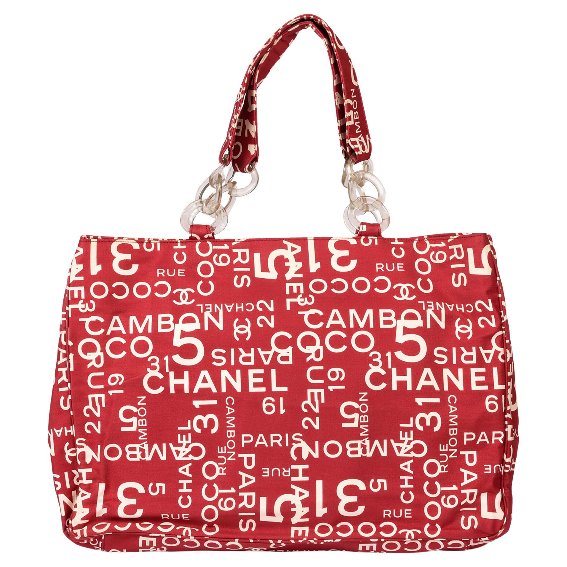 Chanel Red & White Patterned Canvas Vintage 31 Rue Cambon Beach Tote