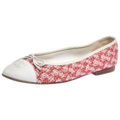 Chanel Red/White Sequin Tweed And Leather Cap Toe CC Bow Ballet Flats Size 38