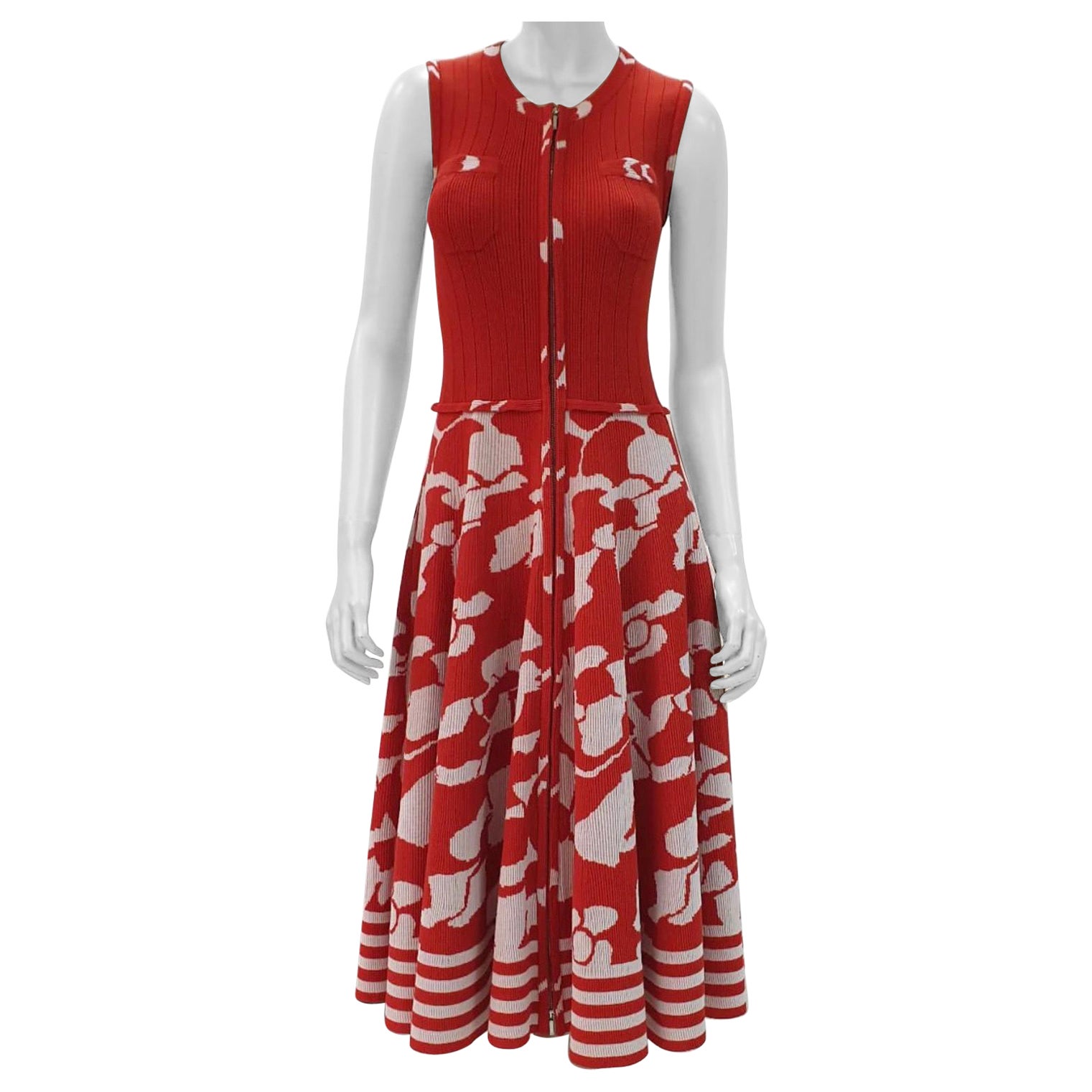 Chanel Red White Stretch Knit Floral Dress