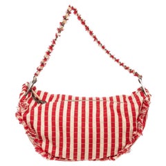 Vintage Chanel Red White Stripe Canvas Half Moon Shoulder Bag