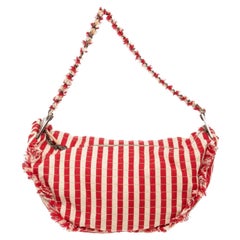 Chanel Red White Stripe Canvas Half Moon Shoulder Bag