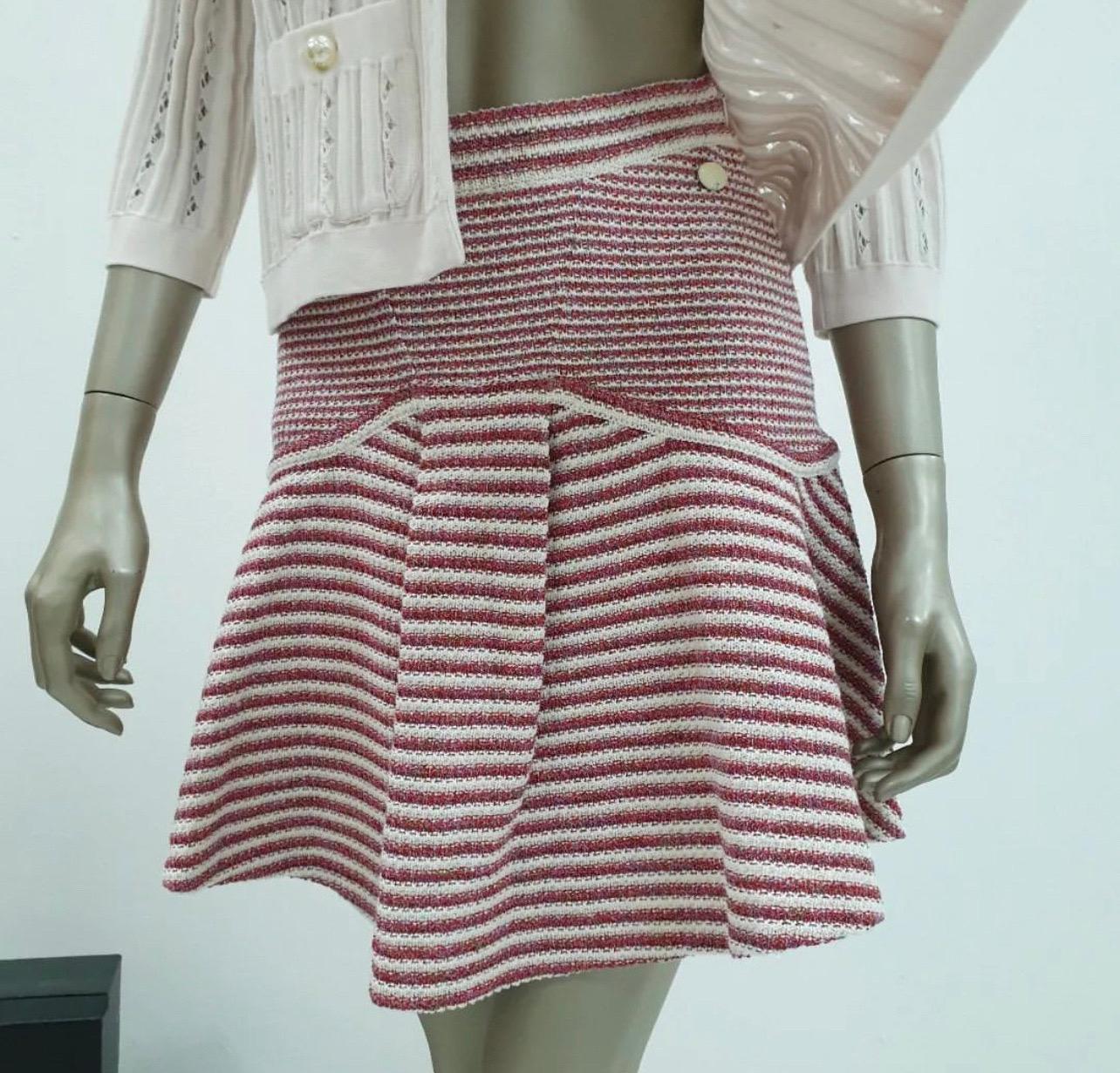 Gray Chanel Red White Striped Knitted Flare Mini Skirt For Sale