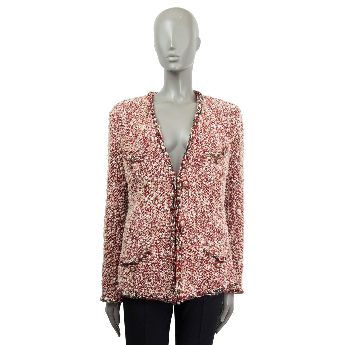 Brown CHANEL red & white wool 2014 DALLAS COLLARLESS TWEED Jacket M 14A For Sale