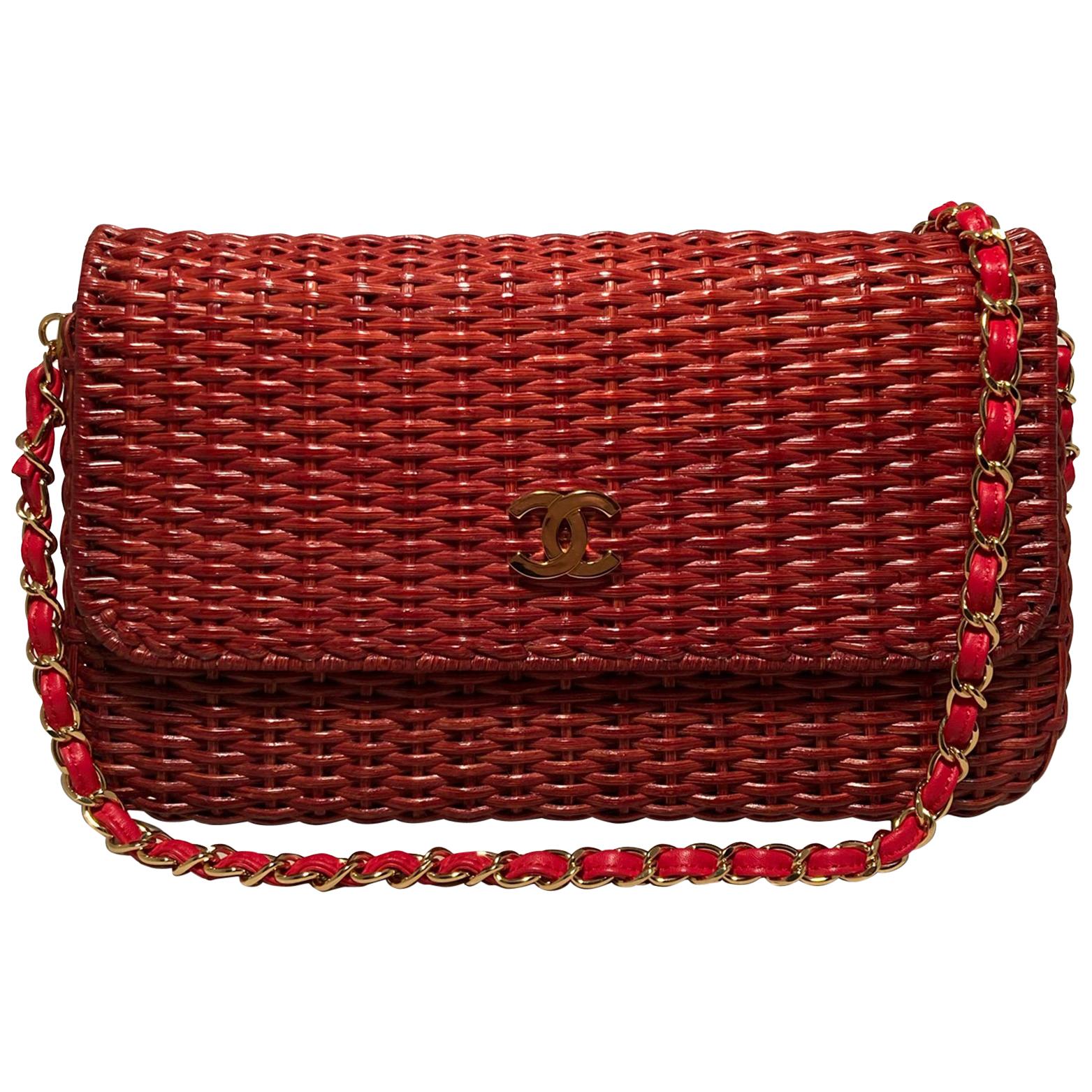 Chanel Red Wicker Classic Flap Shoulder Bag For Sale
