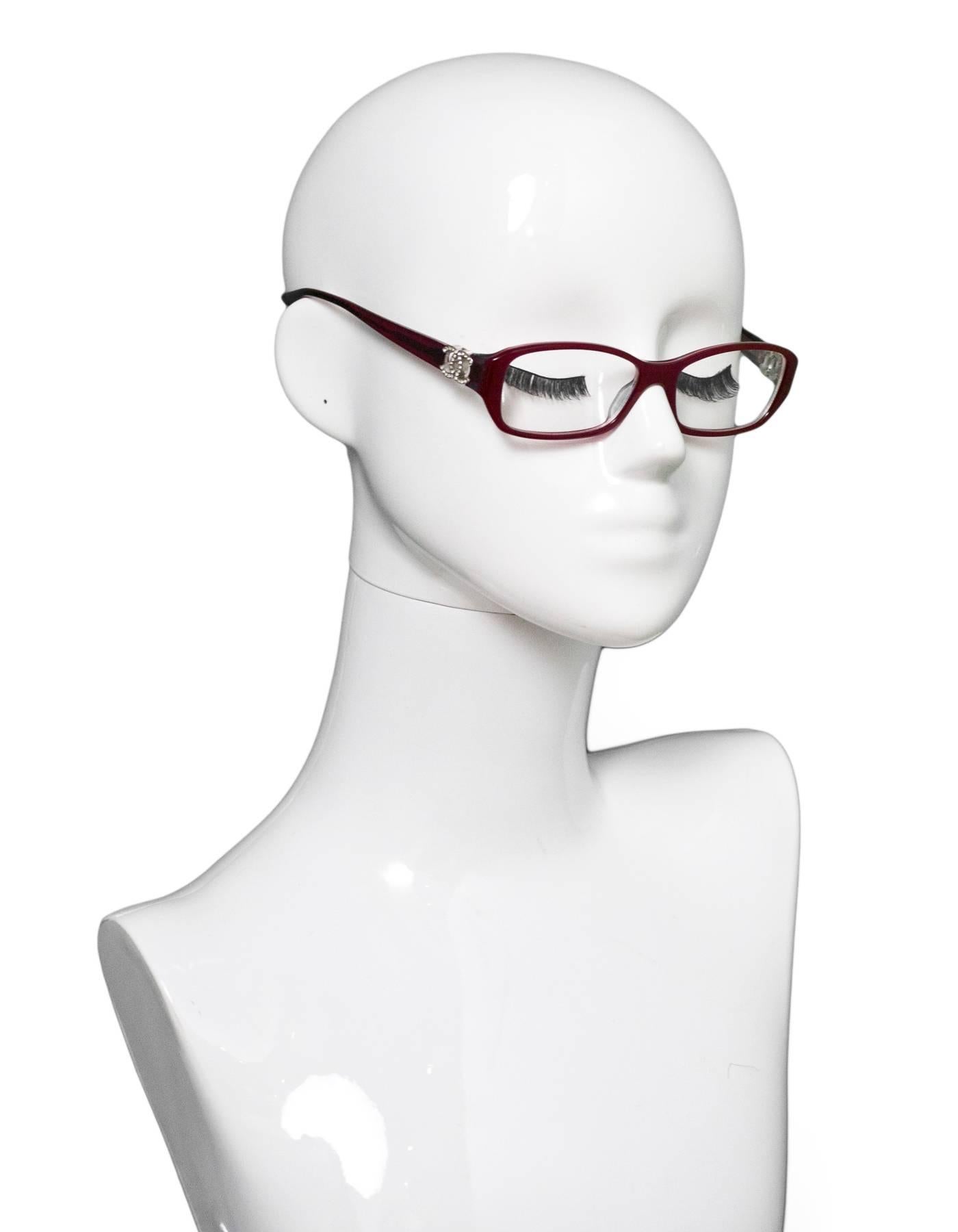 Chanel Red with Crystal CC Prescription Eyeglasses

Made In: Italy
Color: Red
Materials: Resin, crystal
Overall Condition: Excellent pre-owned condition with the exception of prescription lenses
Includes: Chanel case

Measurements: 
Length Across: