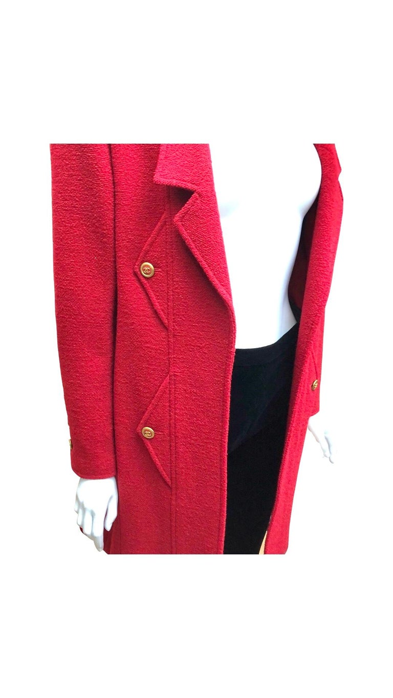 - Vintage Chanel red wool long coat from year A/W 1994 collection.

- Two front pockets with gold “CC” buttons closure. 

- Size 40.

