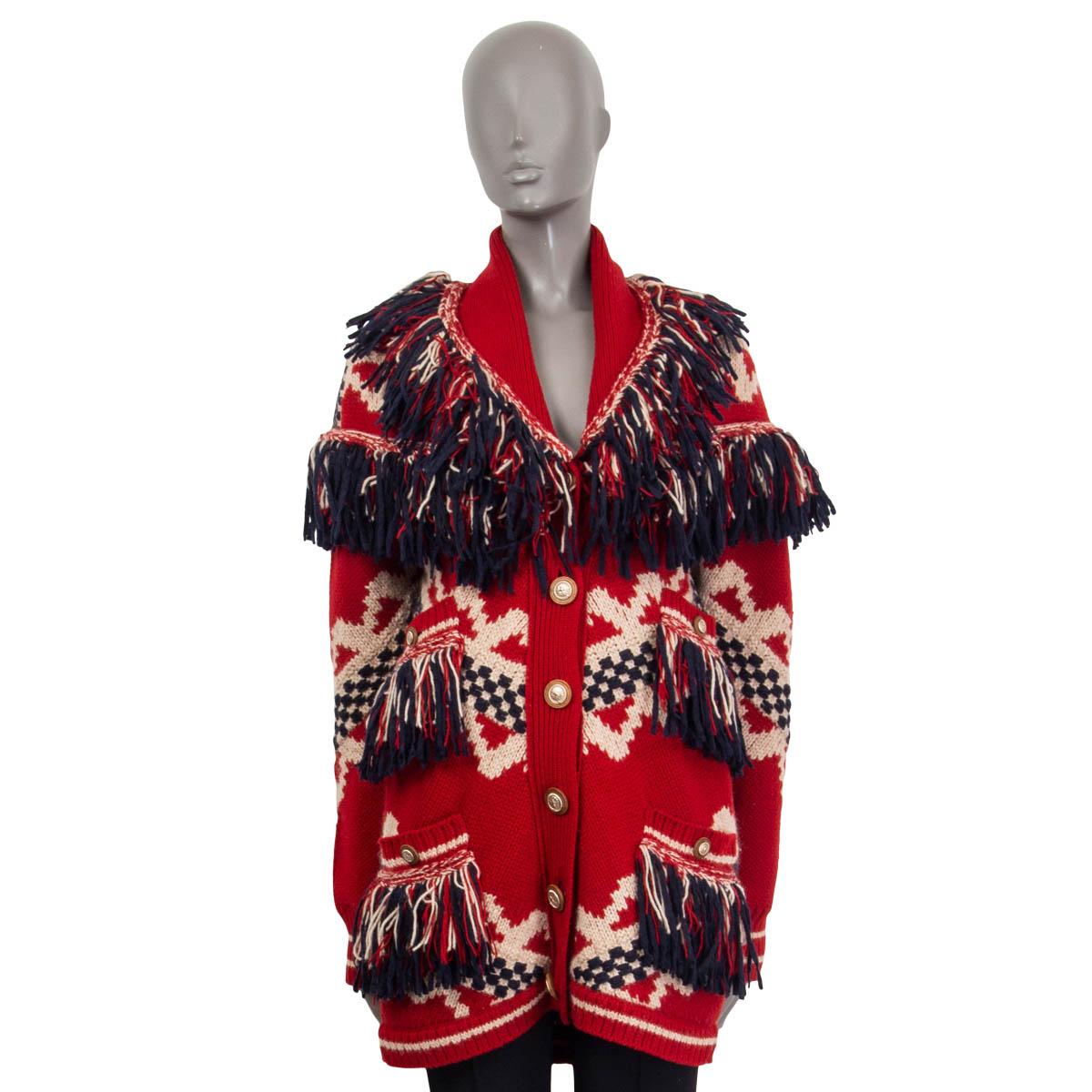 Red CHANEL red wool & mohair 2014 DALLAS FRINGED KNIT Jacket L 14A For Sale
