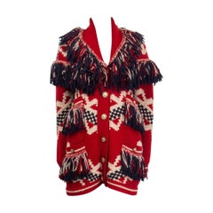 Veste en laine et mohair rouge CHANEL DALLAS FRINGED Knit L 14A 2014