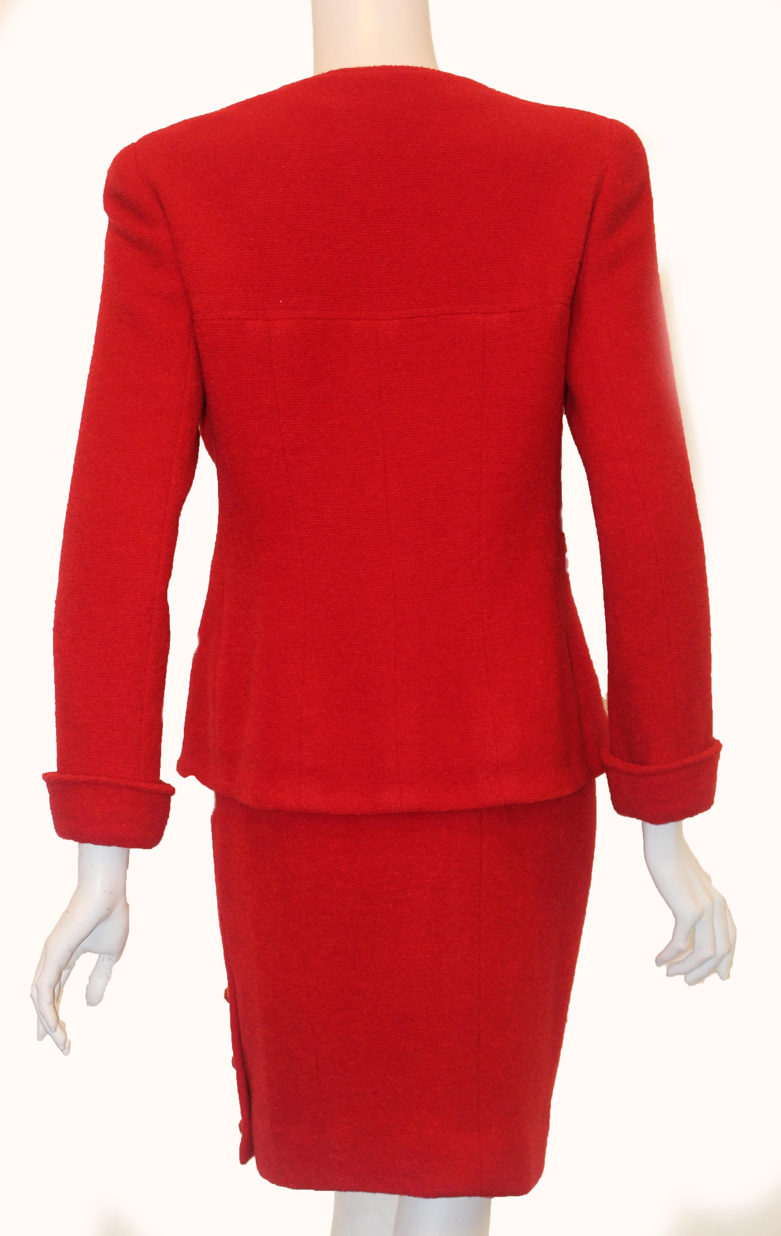 Chanel Red Wool & Silk Four Flap Pockets  Skirt Suit From '95 Fall Collection In Excellent Condition For Sale In Palm Beach, FL