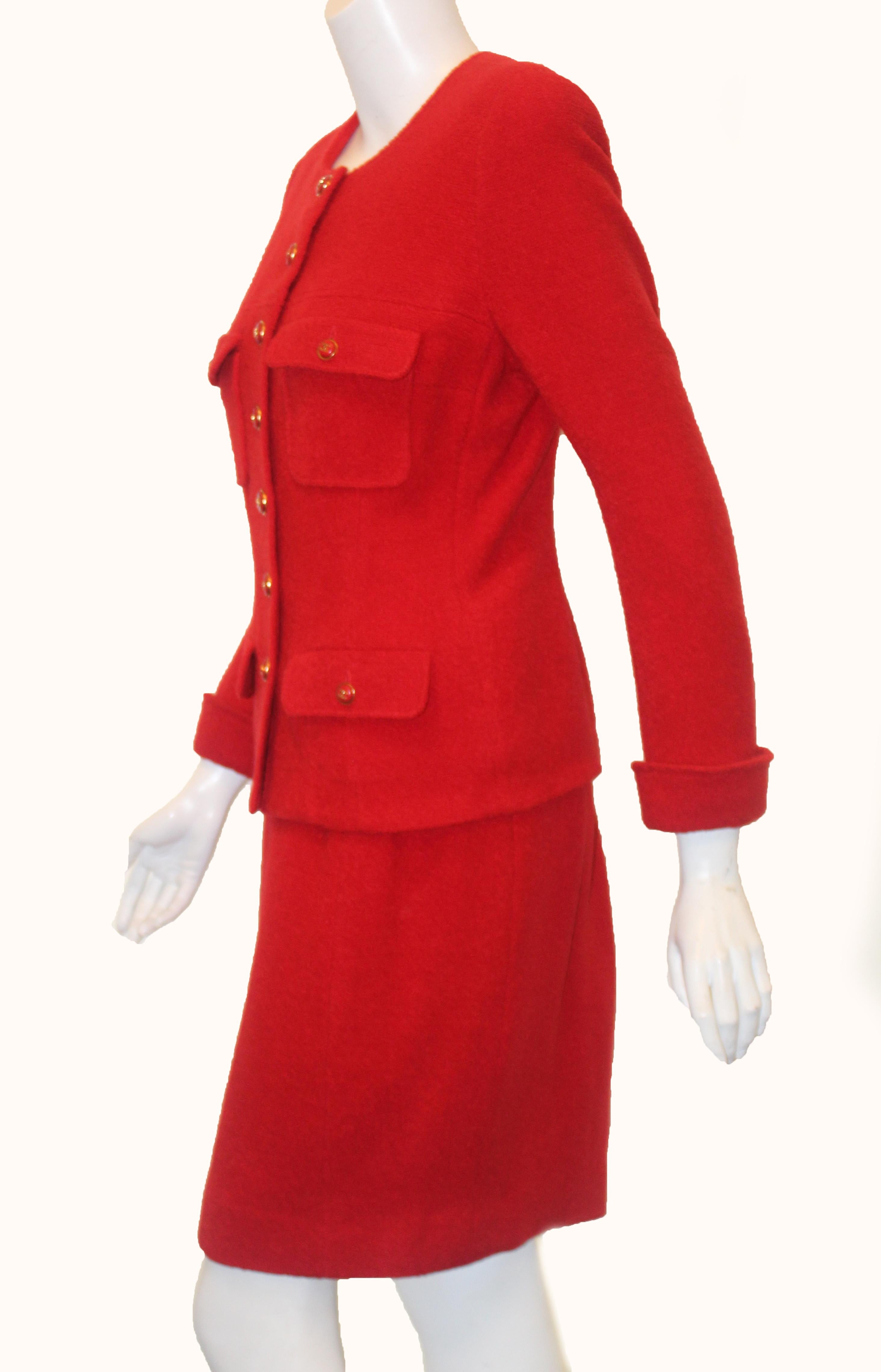 Women's Chanel Red Wool & Silk Four Flap Pockets  Skirt Suit From '95 Fall Collection For Sale
