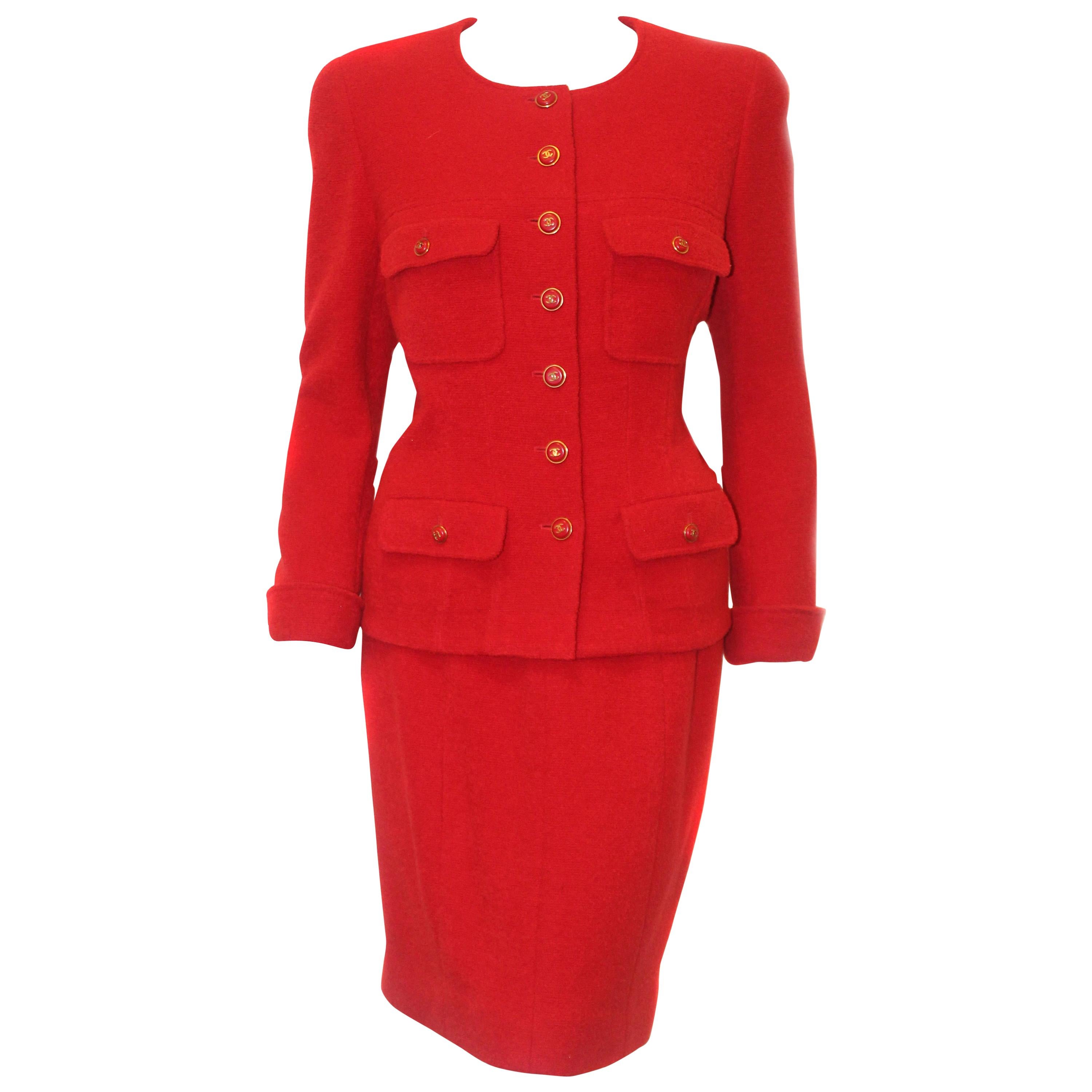 Chanel Red Wool & Silk Four Flap Pockets  Skirt Suit From '95 Fall Collection For Sale