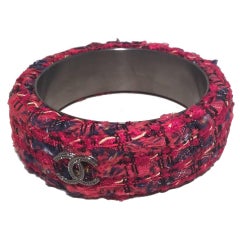 Chanel Red Woven Tweed Steel Gunmetal CC Bangle Bracelet Rare Production Sample