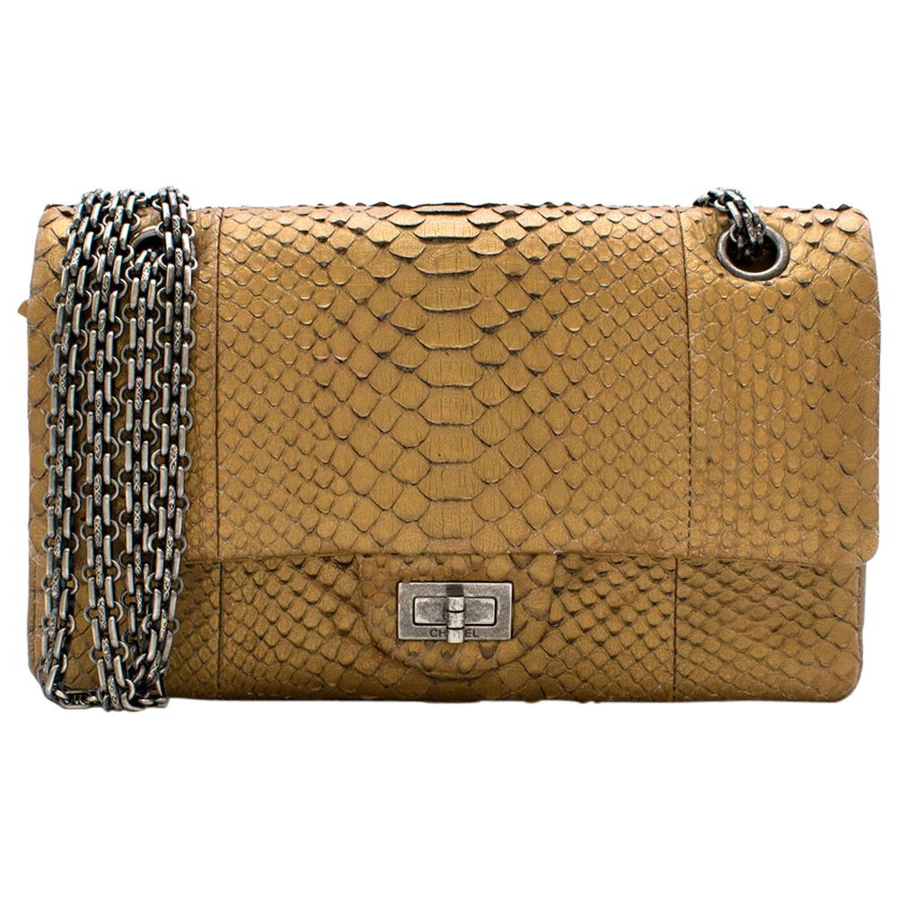 Chanel Reissue 225 Double Flap Bag in Matte Gold Python For Sale