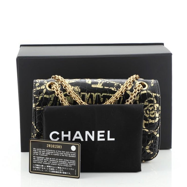Chanel Black and Gold Graffiti Crocodile Embossed Calfskin 2.55 Reissue 224 Flap Bag Gold Hardware, 2019 (Very Good)