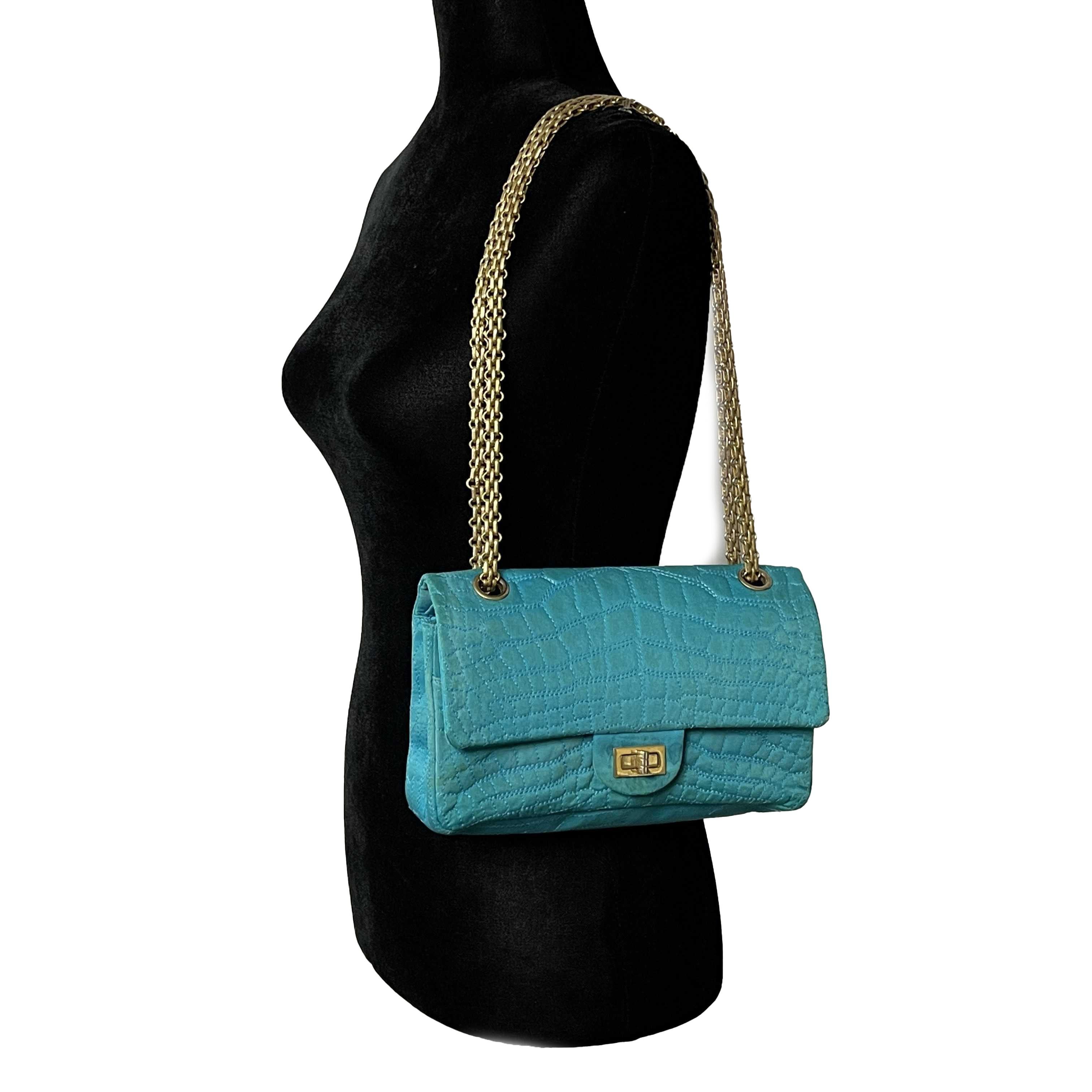 Blue CHANEL Reissue Small 2.55 Satin Crocodile Stitche Turquoise / Gold Crossbody