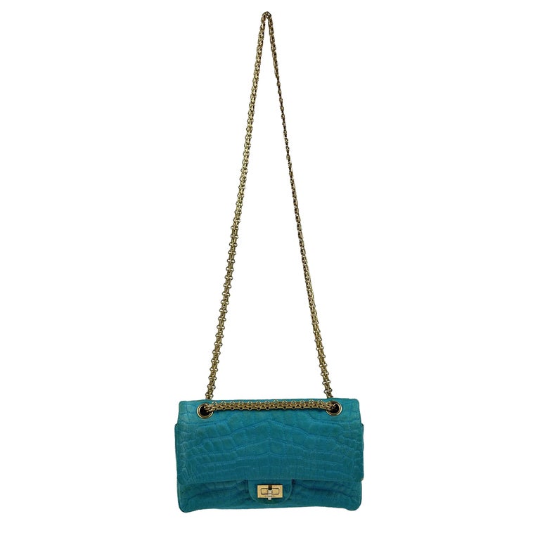 CHANEL Reissue Small 2.55 Satin Crocodile Stitche Turquoise / Gold  Crossbody For Sale at 1stDibs