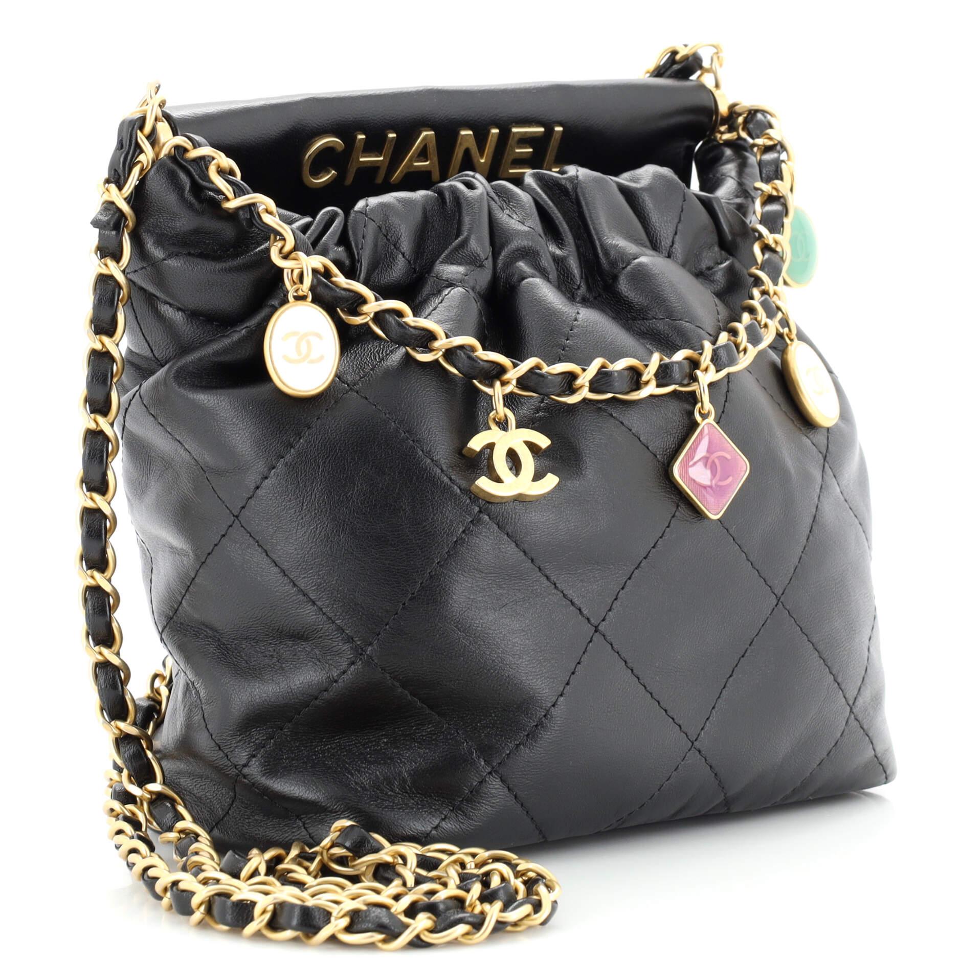 Chanel Resin Charms Chain Bucket Bag Quilted Lambskin Small In Good Condition In NY, NY