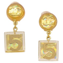 CHANEL Resin Clear Gold Number No 5 Cube Evening Dangle Drop Earrings