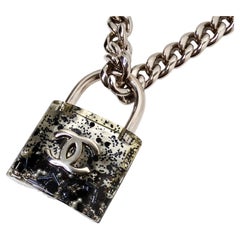 Chanel Resin Interlocking CC Padlock Silver-Tone Chainlink Necklace 2014