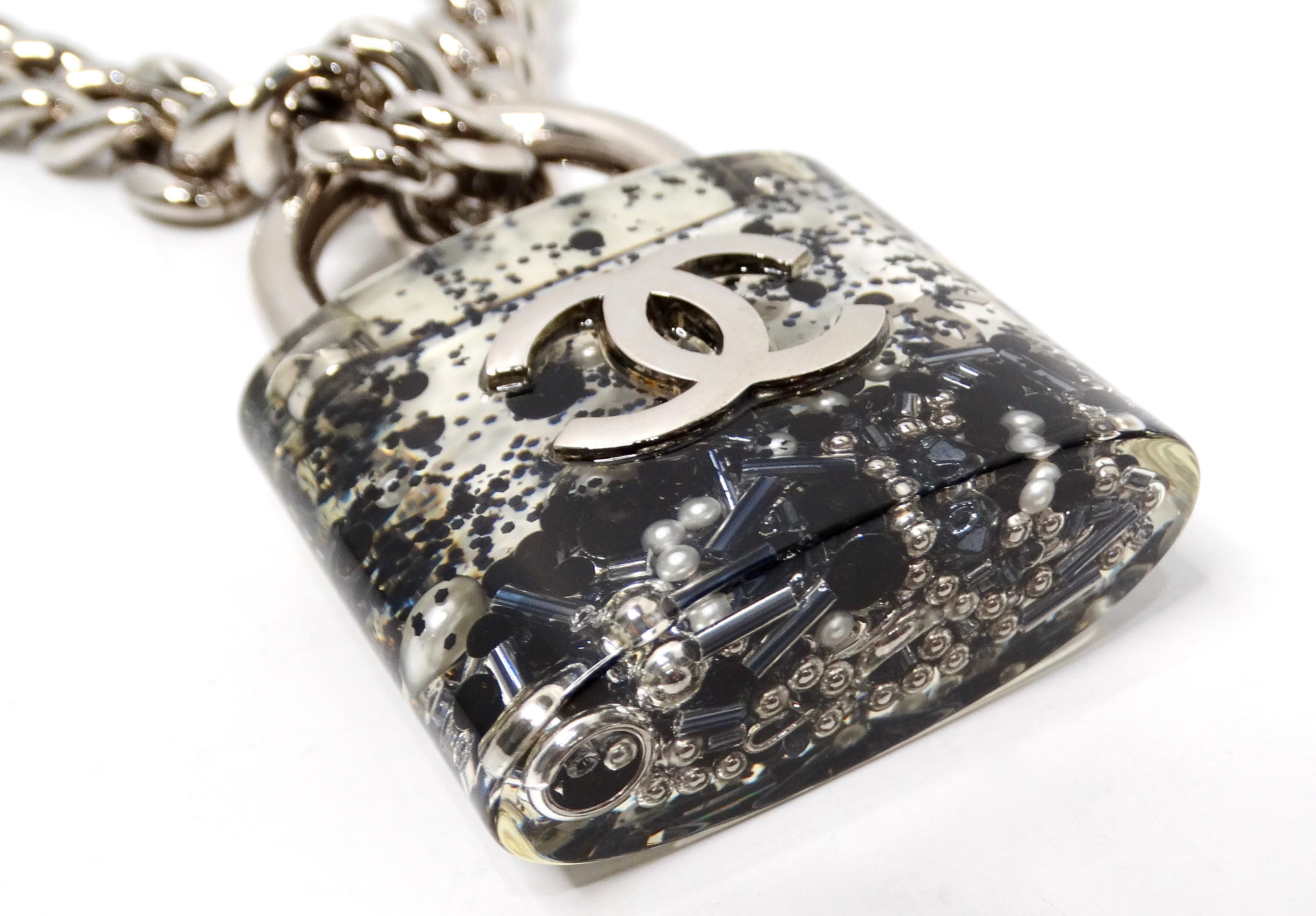 Women's Chanel Resin Interlocking CC Padlock Silver-Tone Chainlink Necklace 2014 For Sale