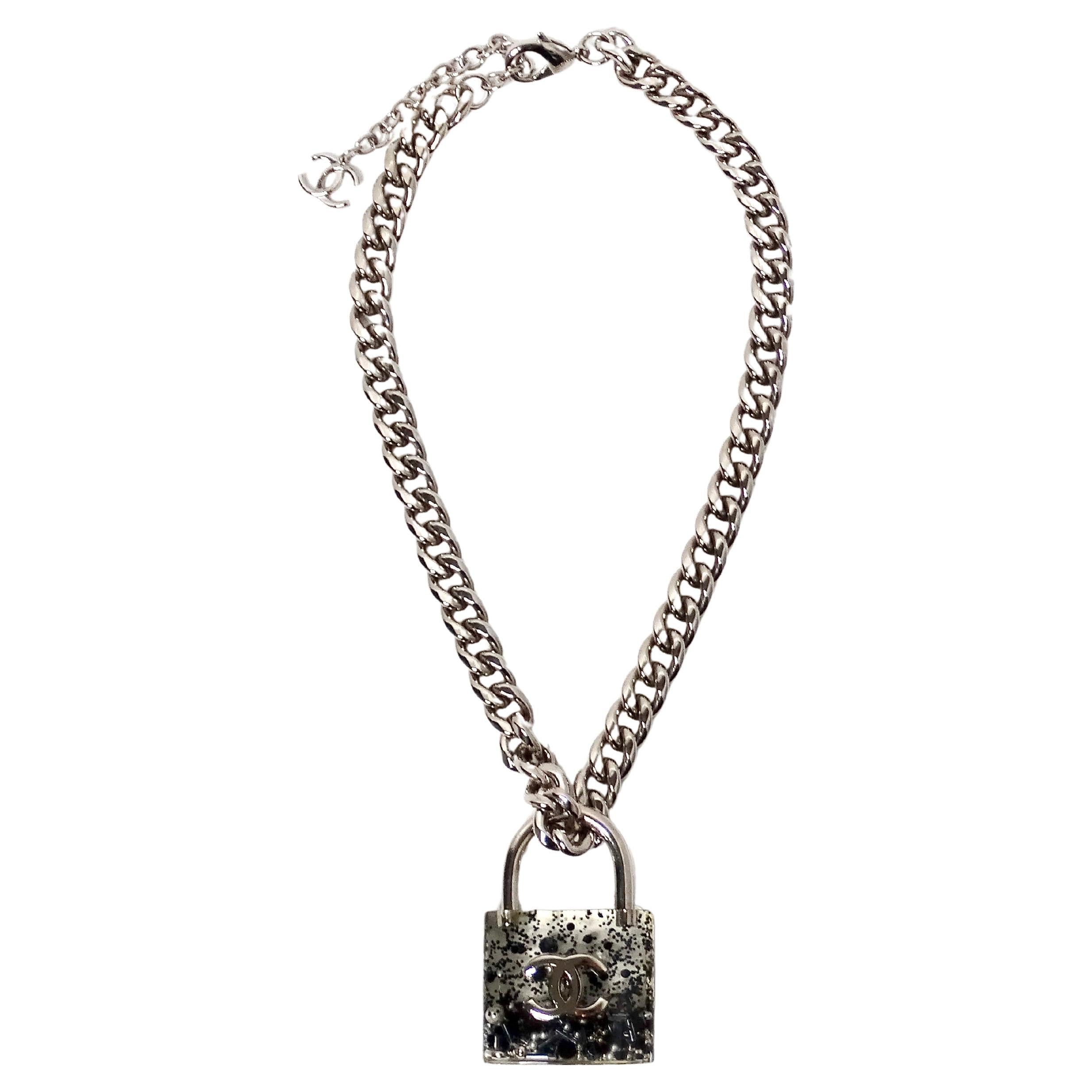 Chanel Resin Interlocking CC Padlock Silver-Tone Chainlink Necklace 2014 For Sale