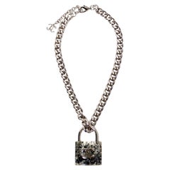 Chanel Resin Interlocking CC Padlock Silver-Tone Chainlink Necklace 2014