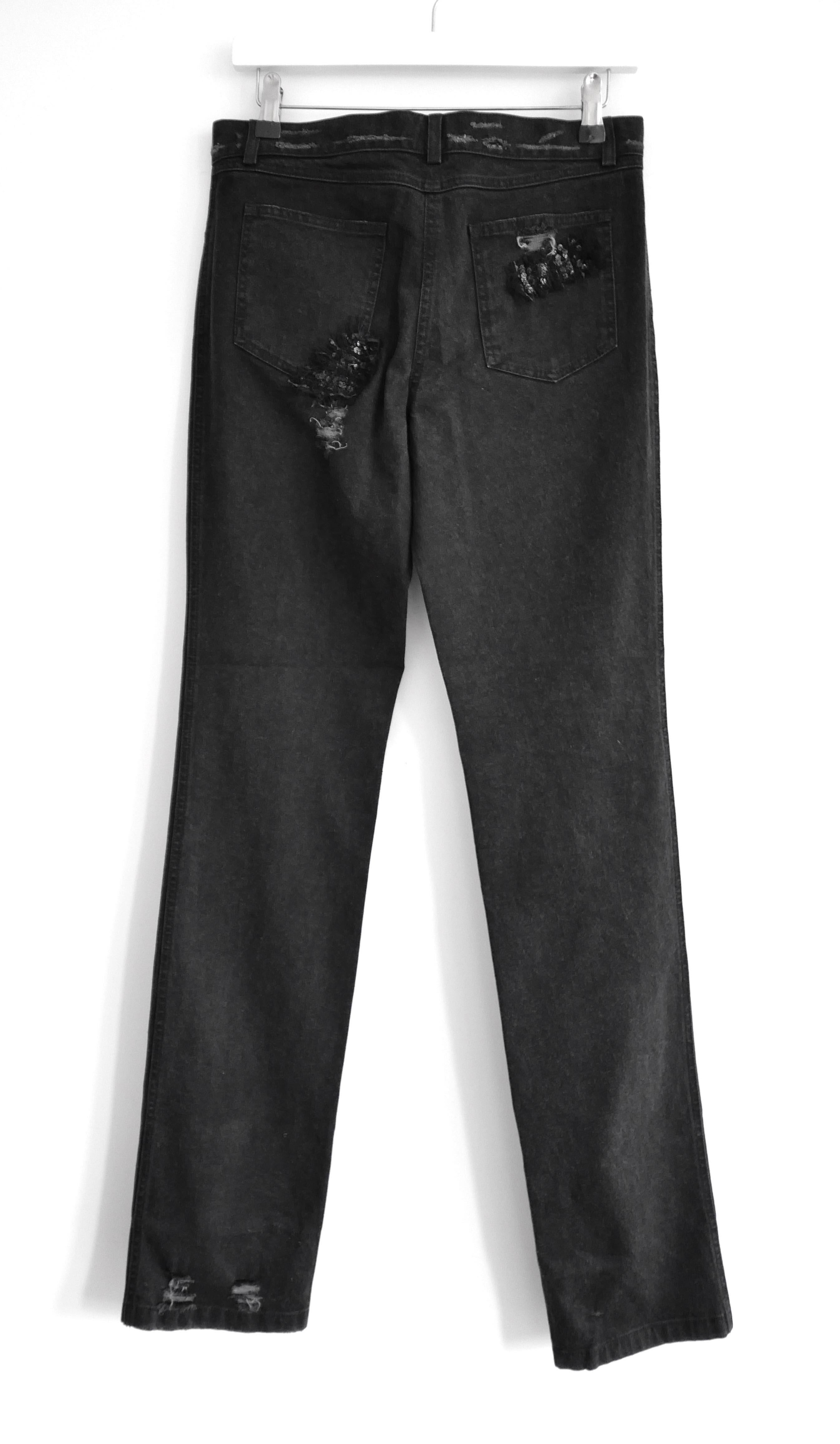 Stunning Chanel sequin distressed patchwork jeans from the Resort 2006 06C collection. Worn once. Made from washed black cotton and elastane denim with beautifully detailed sequin trimmed distressed tweed patchwork detailing throughout. They have