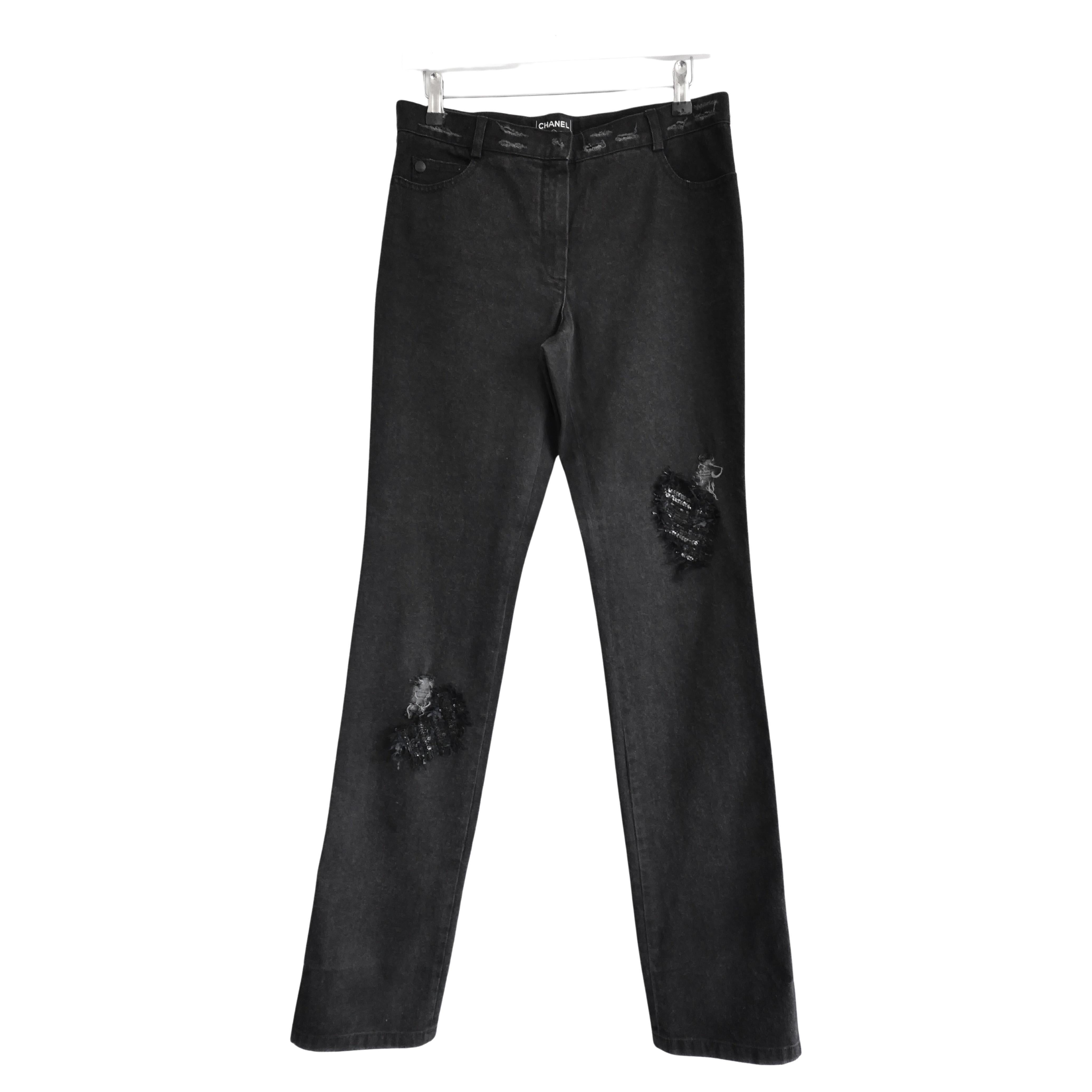 Chanel Resort 2006 06C Sequin Distressed Patchwork Jeans For Sale