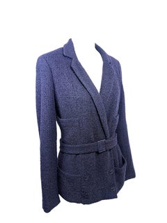 Chanel Resort 2007 Navy Bouclé Belted Wrap Blazer with Tonal CC Buttons FR 34
