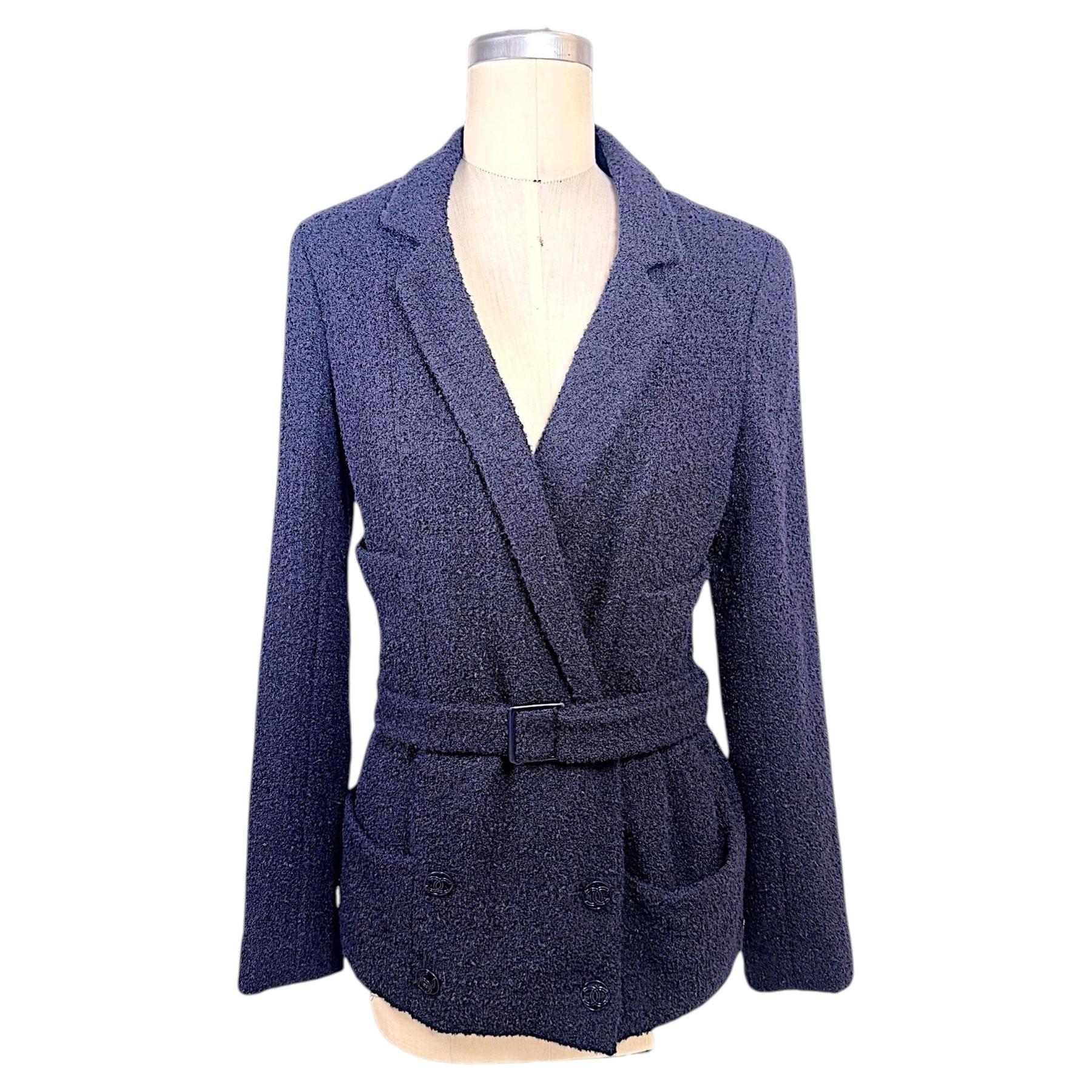 Chanel Resort 2007 Navy Bouclé Belted Wrap Blazer with Tonal CC Buttons FR 34