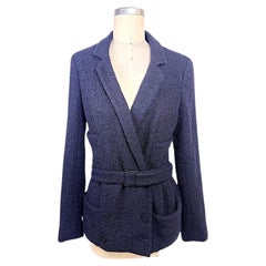 Chanel Resort 2007 Navy Bouclé Belted Wrap Blazer with Tonal CC Buttons FR 34