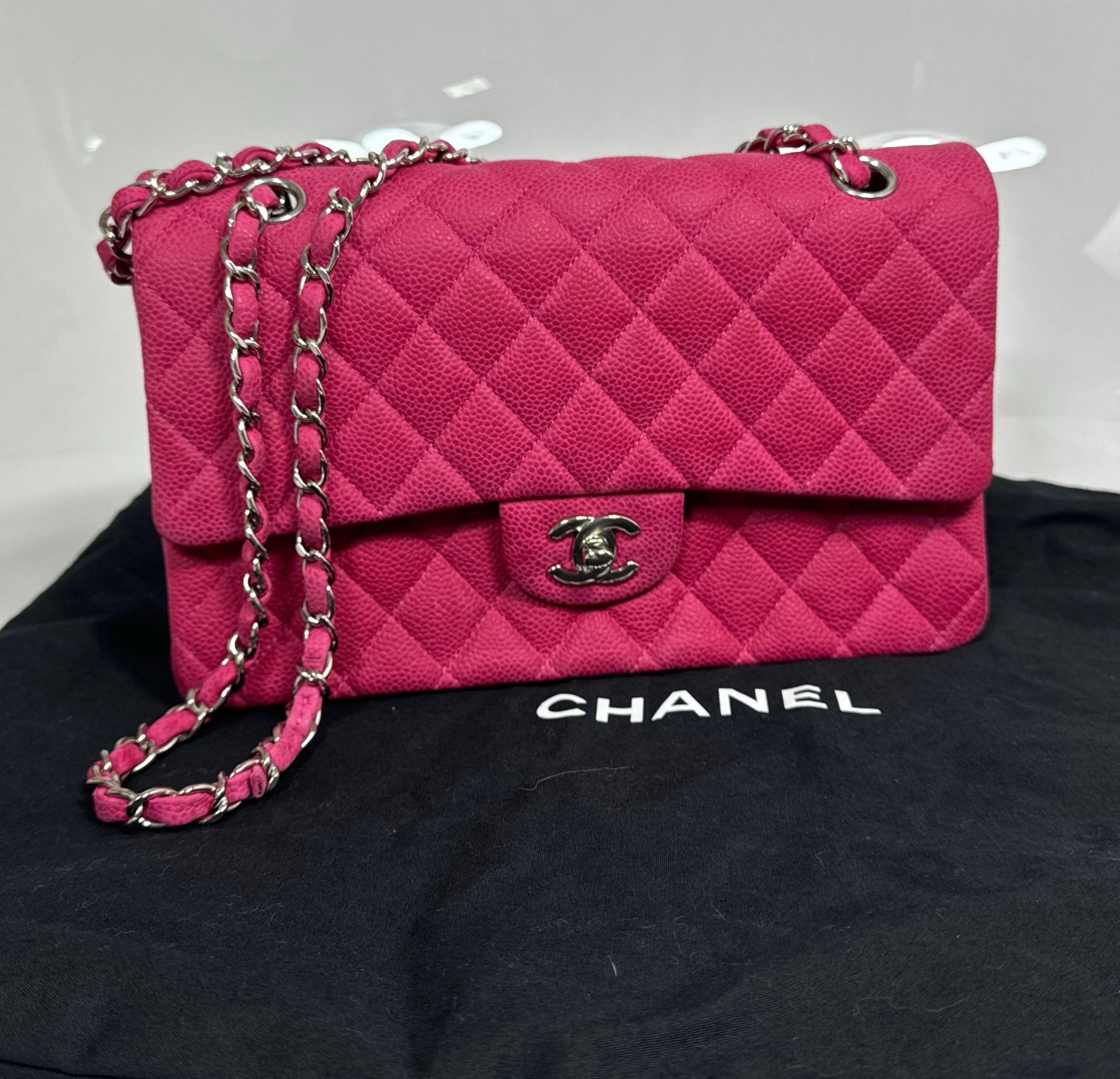 Chanel Resort 2013 Fuchsia Pink Matte Caviar Medium Double Flap Classic -SHW For Sale 1