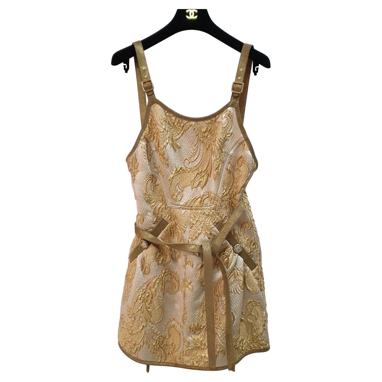 CHANEL Resort 2013 Versailles Collection Brocade Golden Suede Trim Mini Dress