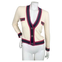 Chanel Resort 2020 Ecru Navy Fuchsia Cashmere CC Button Cardigan FR 34