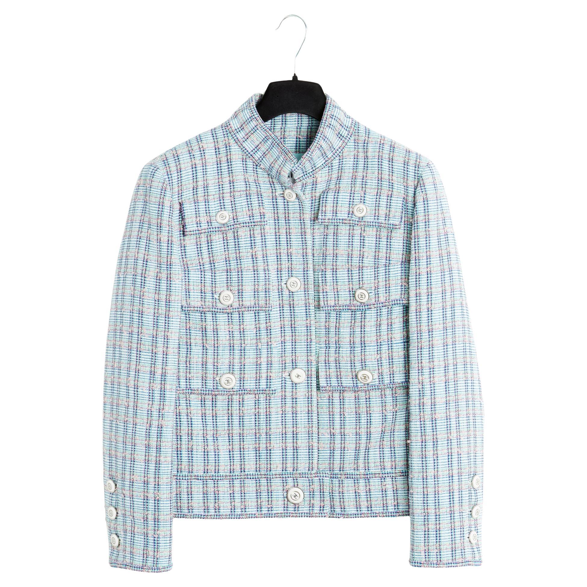 Chanel Resort 2020 Jacket FR40/42 Cotton Tweed Blue For Sale