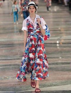 Chanel Resort 2017 'Coco Cuba' Retro Car Print Gauzy Silk Halter Maxi Dress