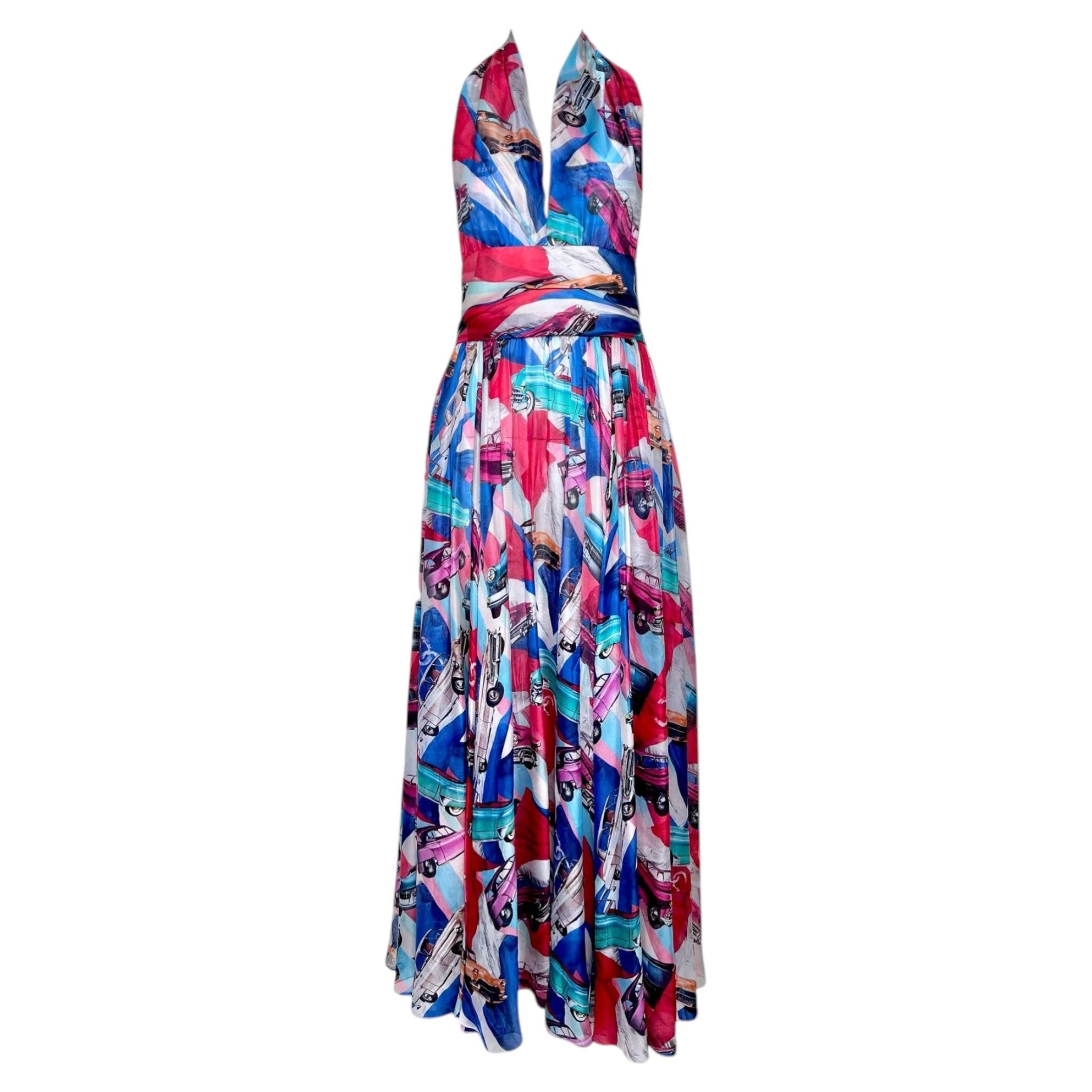 Chanel Resort 2017 'Coco Cuba' Retro Car Print Gauzy Silk Halter Maxi Dress