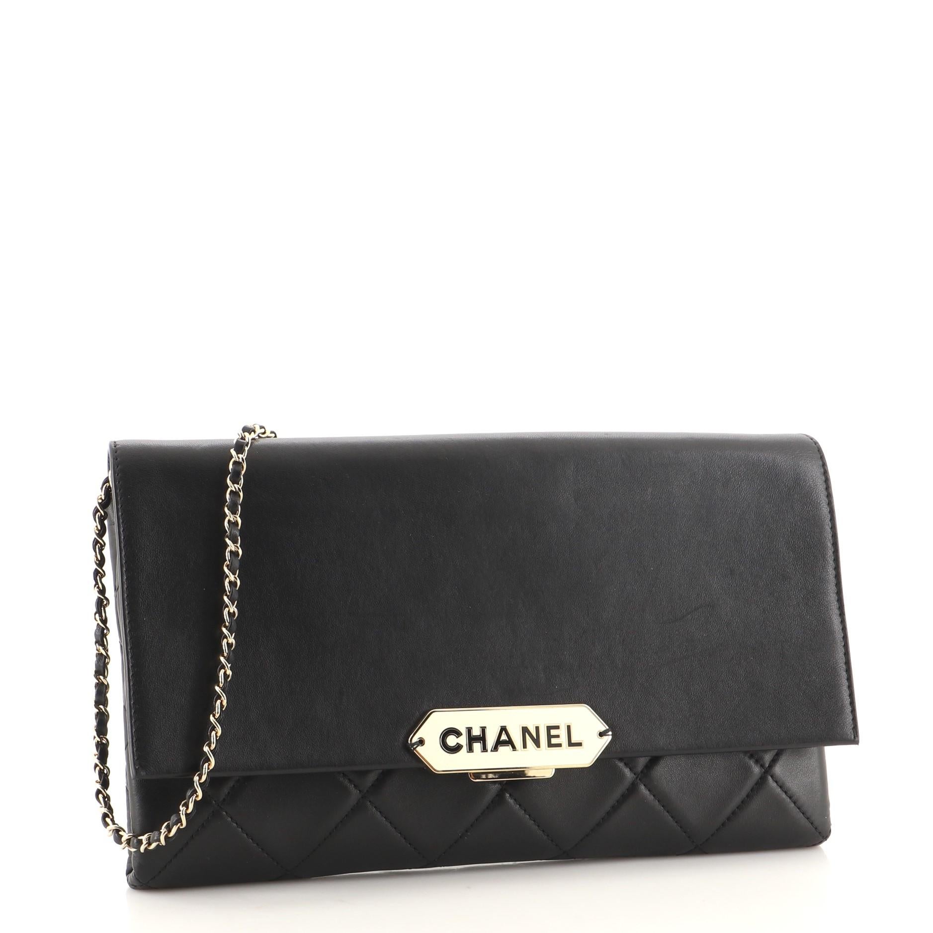 Black Chanel Retro Label Chain Clutch Quilted Lambskin